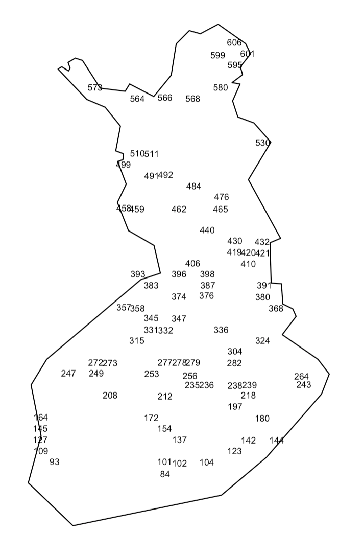 Suomen kartalla on numerotunnukset niistä vakiolinjoista, joita ei ole vielä laskettu atlasvuosina 2022–2024.